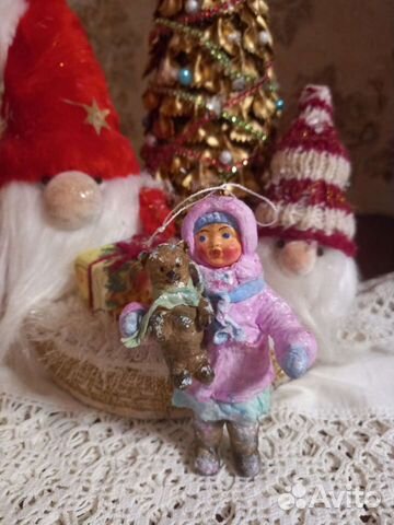 Катенька с мишкой ватная елочная игрушка