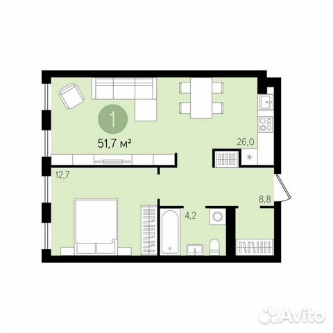 1-к квартира, 51.7 м², 10/17 эт. 1-к квартира, 51.7 м², 10/17 эт.