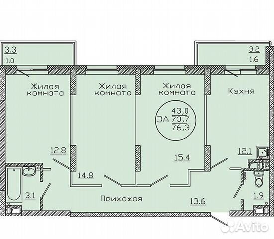 3-к квартира, 76.8 м², 8/22 эт. 3-к квартира, 76.8 м², 8/22 эт.