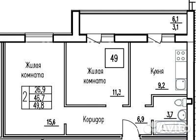 2-к квартира, 49.7 м², 1/3 эт.
