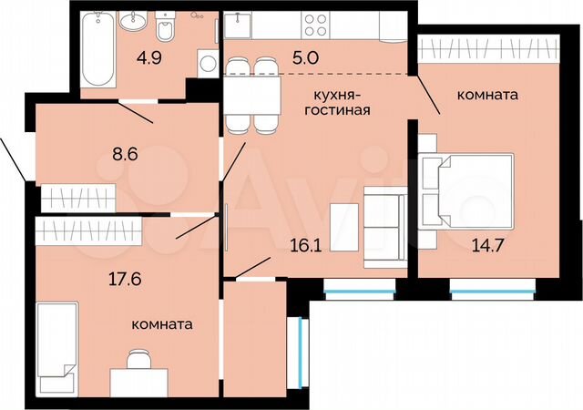 3-к. квартира, 66,9 м², 1/25 эт.