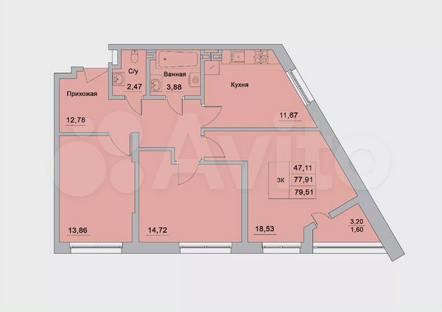 3-к. квартира, 79,5 м², 6/15 эт.