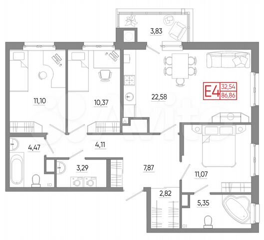 3-к. квартира, 86,9 м², 5/18 эт.
