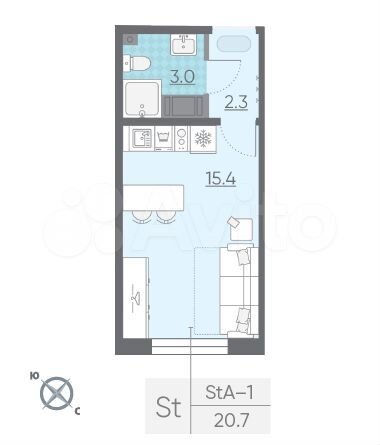 Квартира-студия, 20,7 м², 9/25 эт.