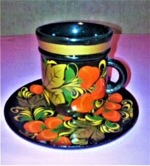 Чашка с блюдцем Хохлома роспись клубника. СССР