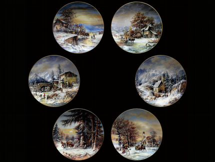 Винтаж живописные зимние пейзаж Германия 6 тарелок