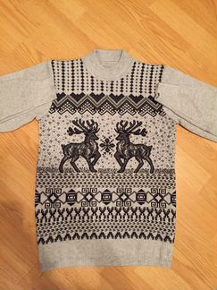Свитер на мальчика, 134 размер, серый с оленями