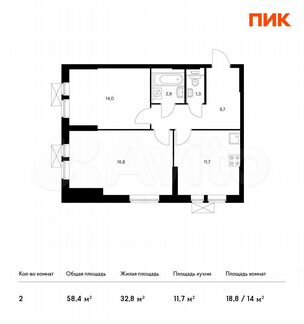 2-к квартира, 58.4 м², 22/30 эт.