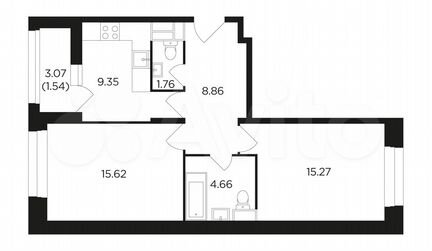 2-к квартира, 56.9 м², 6/22 эт.