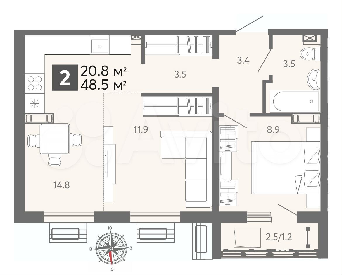 2-к квартира, 49 м², 10/17 эт.